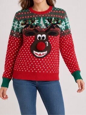 Ugly Christmas Sweater Red & Green Reindeer Crewneck